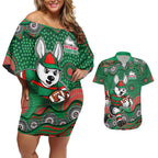 South Sydney Rabbitohs Couples Matching Off Shoulder Short Dress and Hawaiian Shirt Aboriginal Dot Pattern - Rugby Mascot Heritage Pride