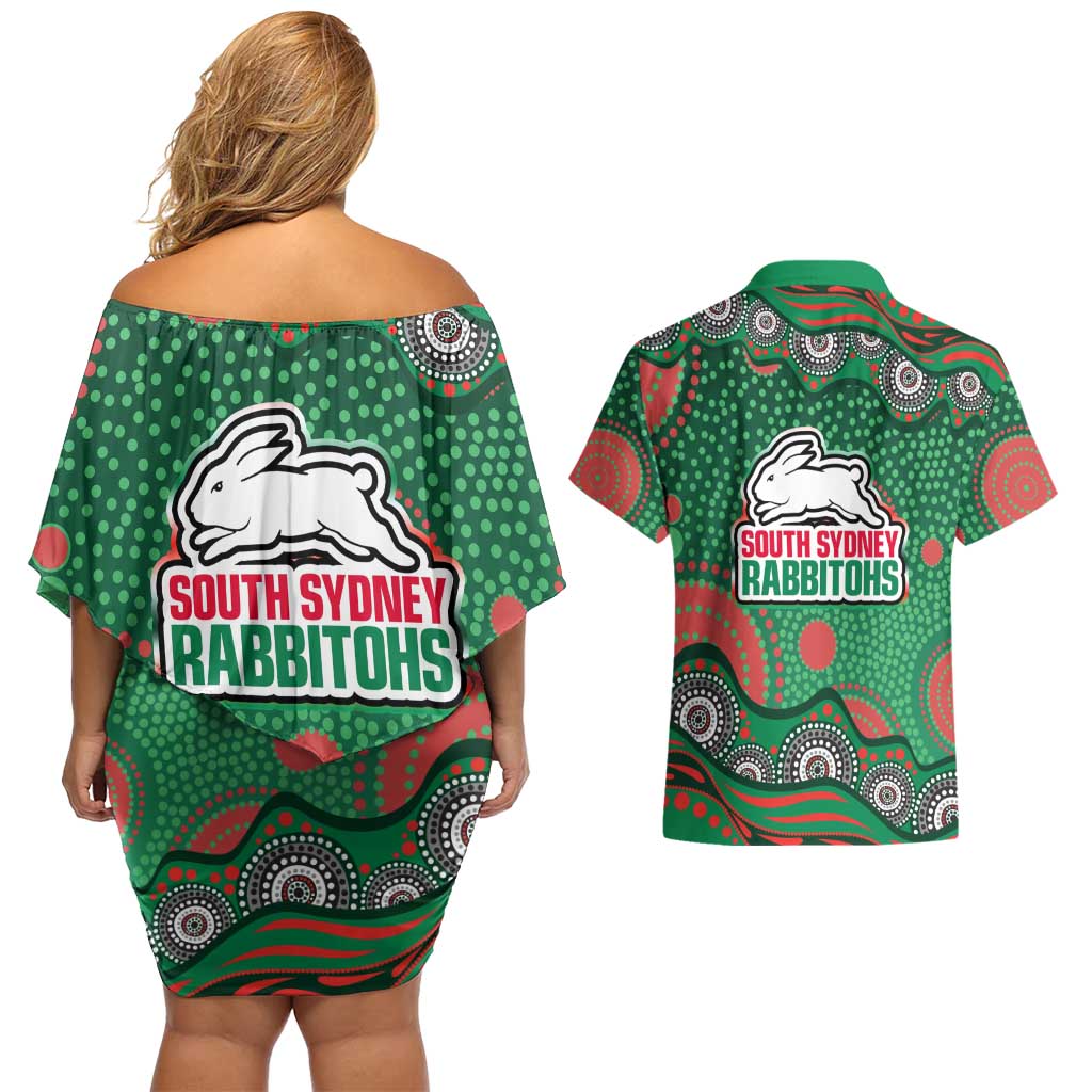 South Sydney Rabbitohs Couples Matching Off Shoulder Short Dress and Hawaiian Shirt Aboriginal Dot Pattern - Rugby Mascot Heritage Pride