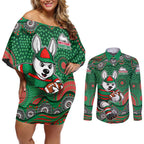 South Sydney Rabbitohs Couples Matching Off Shoulder Short Dress and Long Sleeve Button Shirt Aboriginal Dot Pattern - Rugby Mascot Heritage Pride