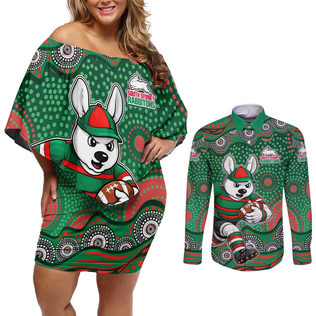 South Sydney Rabbitohs Couples Matching Off Shoulder Short Dress and Long Sleeve Button Shirt Aboriginal Dot Pattern - Rugby Mascot Heritage Pride
