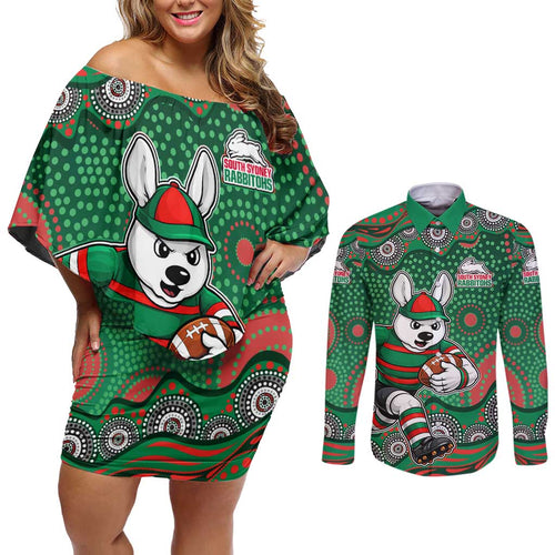 South Sydney Rabbitohs Couples Matching Off Shoulder Short Dress and Long Sleeve Button Shirt Aboriginal Dot Pattern - Rugby Mascot Heritage Pride