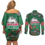 South Sydney Rabbitohs Couples Matching Off Shoulder Short Dress and Long Sleeve Button Shirt Aboriginal Dot Pattern - Rugby Mascot Heritage Pride