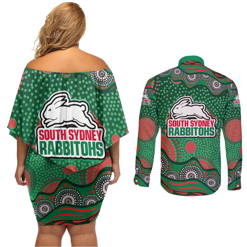 South Sydney Rabbitohs Couples Matching Off Shoulder Short Dress and Long Sleeve Button Shirt Aboriginal Dot Pattern - Rugby Mascot Heritage Pride