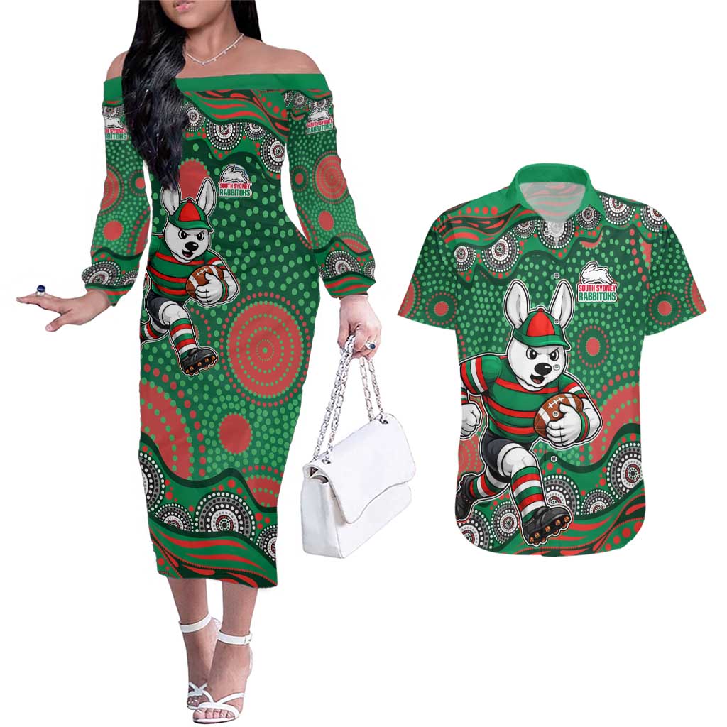 South Sydney Rabbitohs Couples Matching Off The Shoulder Long Sleeve Dress and Hawaiian Shirt Aboriginal Dot Pattern - Rugby Mascot Heritage Pride