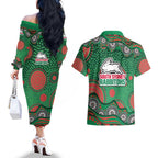 South Sydney Rabbitohs Couples Matching Off The Shoulder Long Sleeve Dress and Hawaiian Shirt Aboriginal Dot Pattern - Rugby Mascot Heritage Pride