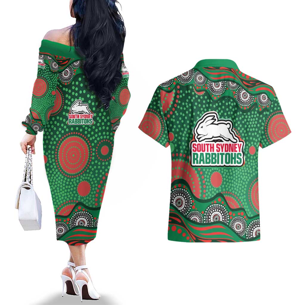 South Sydney Rabbitohs Couples Matching Off The Shoulder Long Sleeve Dress and Hawaiian Shirt Aboriginal Dot Pattern - Rugby Mascot Heritage Pride