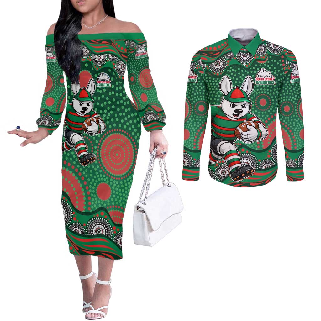 South Sydney Rabbitohs Couples Matching Off The Shoulder Long Sleeve Dress and Long Sleeve Button Shirt Aboriginal Dot Pattern - Rugby Mascot Heritage Pride