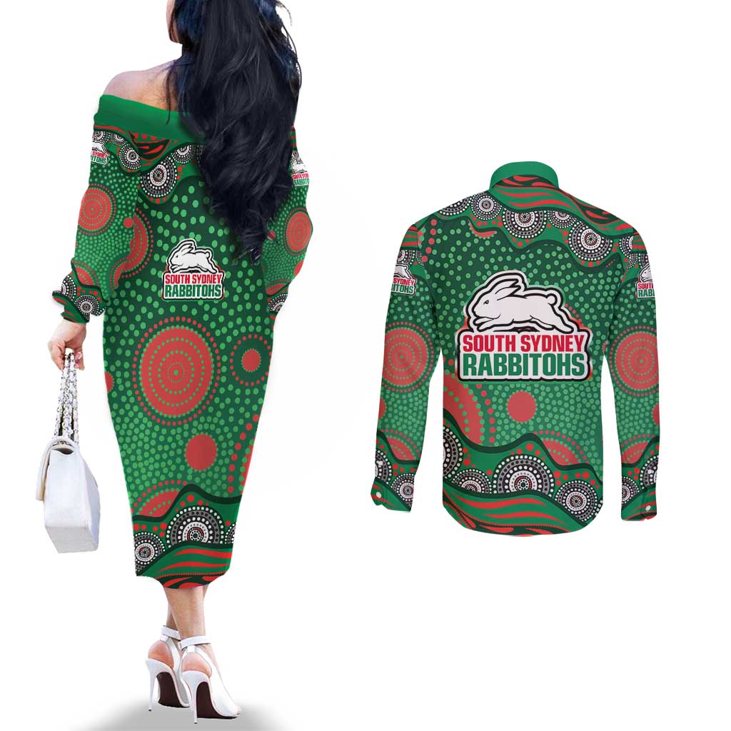 South Sydney Rabbitohs Couples Matching Off The Shoulder Long Sleeve Dress and Long Sleeve Button Shirt Aboriginal Dot Pattern - Rugby Mascot Heritage Pride