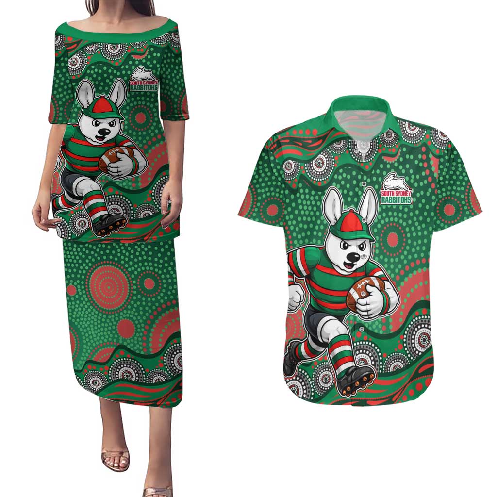 South Sydney Rabbitohs Couples Matching Puletasi and Hawaiian Shirt Aboriginal Dot Pattern - Rugby Mascot Heritage Pride
