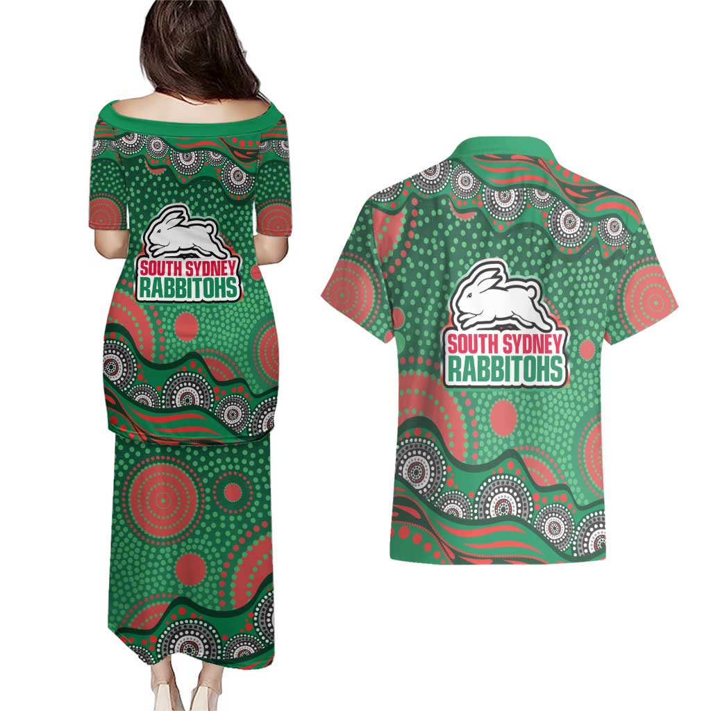 South Sydney Rabbitohs Couples Matching Puletasi and Hawaiian Shirt Aboriginal Dot Pattern - Rugby Mascot Heritage Pride