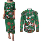 South Sydney Rabbitohs Couples Matching Puletasi and Long Sleeve Button Shirt Aboriginal Dot Pattern - Rugby Mascot Heritage Pride