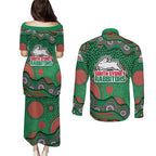 South Sydney Rabbitohs Couples Matching Puletasi and Long Sleeve Button Shirt Aboriginal Dot Pattern - Rugby Mascot Heritage Pride
