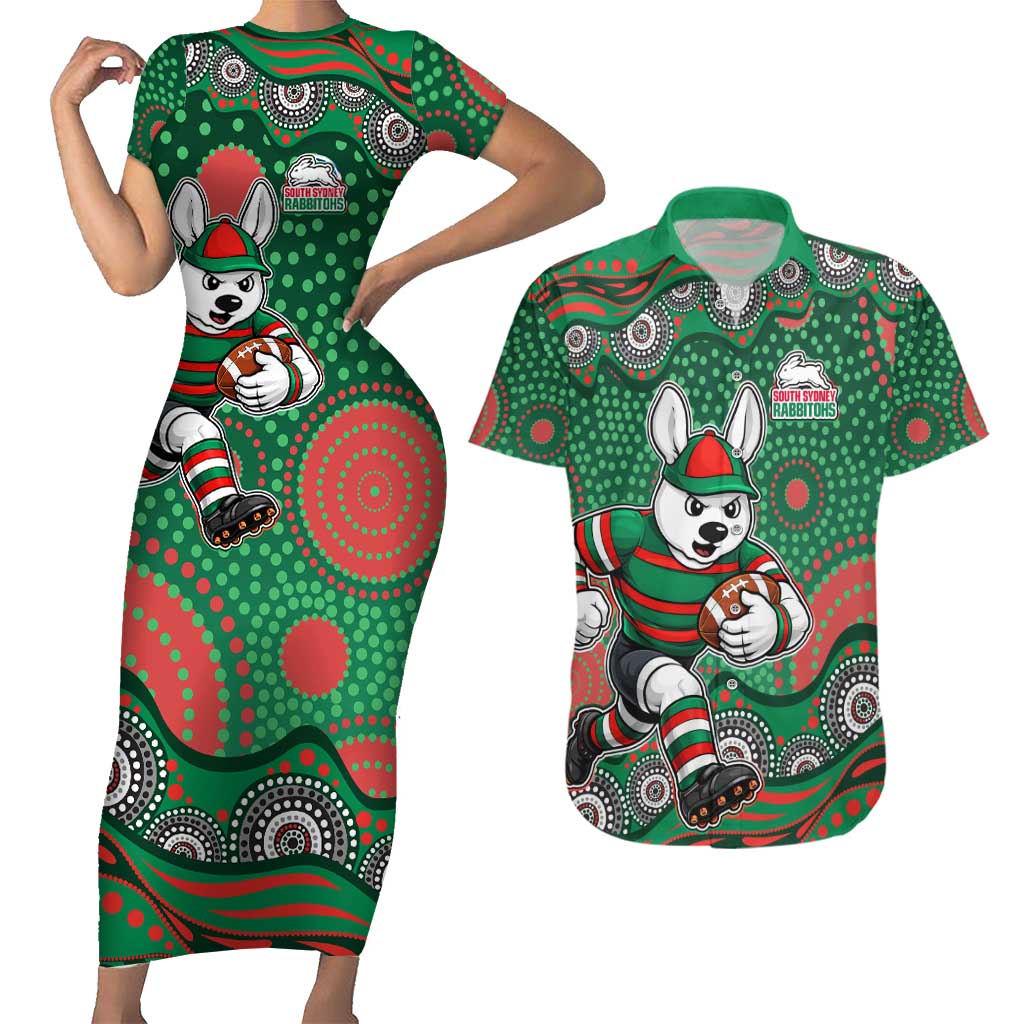 South Sydney Rabbitohs Couples Matching Short Sleeve Bodycon Dress and Hawaiian Shirt Aboriginal Dot Pattern - Rugby Mascot Heritage Pride