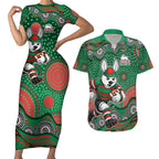 South Sydney Rabbitohs Couples Matching Short Sleeve Bodycon Dress and Hawaiian Shirt Aboriginal Dot Pattern - Rugby Mascot Heritage Pride