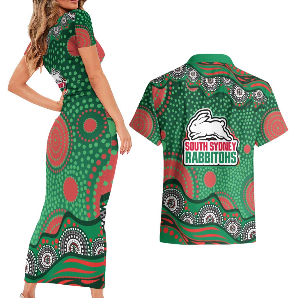 South Sydney Rabbitohs Couples Matching Short Sleeve Bodycon Dress and Hawaiian Shirt Aboriginal Dot Pattern - Rugby Mascot Heritage Pride