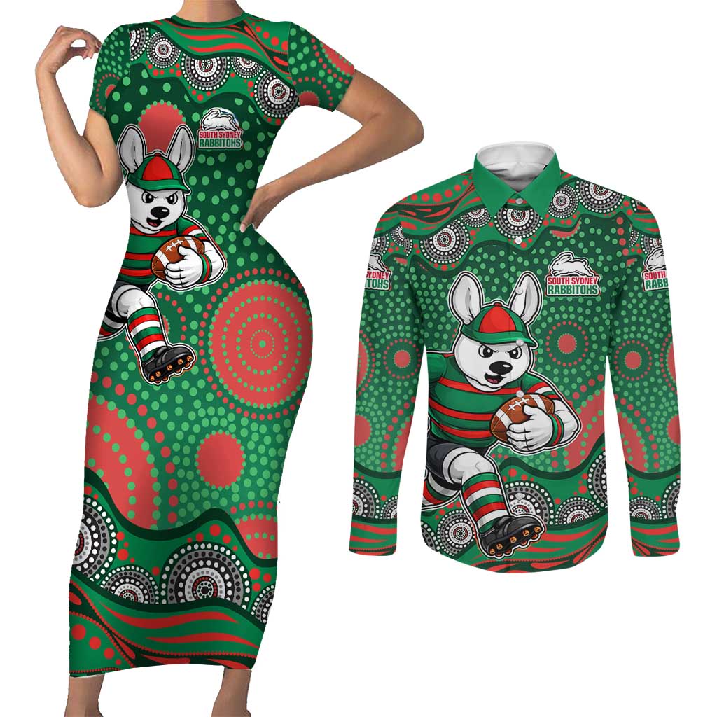 South Sydney Rabbitohs Couples Matching Short Sleeve Bodycon Dress and Long Sleeve Button Shirt Aboriginal Dot Pattern - Rugby Mascot Heritage Pride