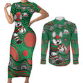 South Sydney Rabbitohs Couples Matching Short Sleeve Bodycon Dress and Long Sleeve Button Shirt Aboriginal Dot Pattern - Rugby Mascot Heritage Pride