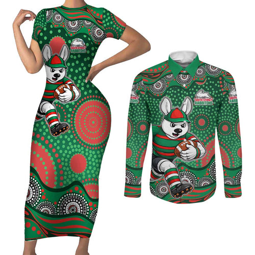 South Sydney Rabbitohs Couples Matching Short Sleeve Bodycon Dress and Long Sleeve Button Shirt Aboriginal Dot Pattern - Rugby Mascot Heritage Pride