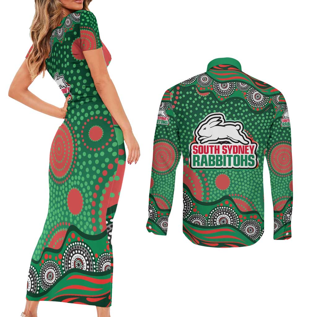 South Sydney Rabbitohs Couples Matching Short Sleeve Bodycon Dress and Long Sleeve Button Shirt Aboriginal Dot Pattern - Rugby Mascot Heritage Pride