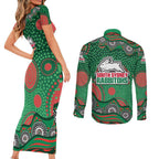 South Sydney Rabbitohs Couples Matching Short Sleeve Bodycon Dress and Long Sleeve Button Shirt Aboriginal Dot Pattern - Rugby Mascot Heritage Pride