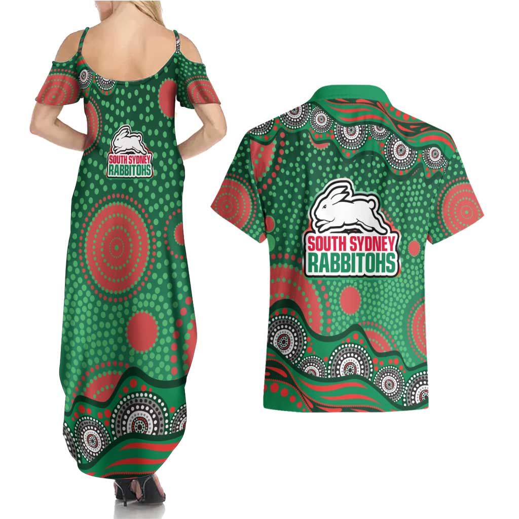 South Sydney Rabbitohs Couples Matching Summer Maxi Dress and Hawaiian Shirt Aboriginal Dot Pattern - Rugby Mascot Heritage Pride
