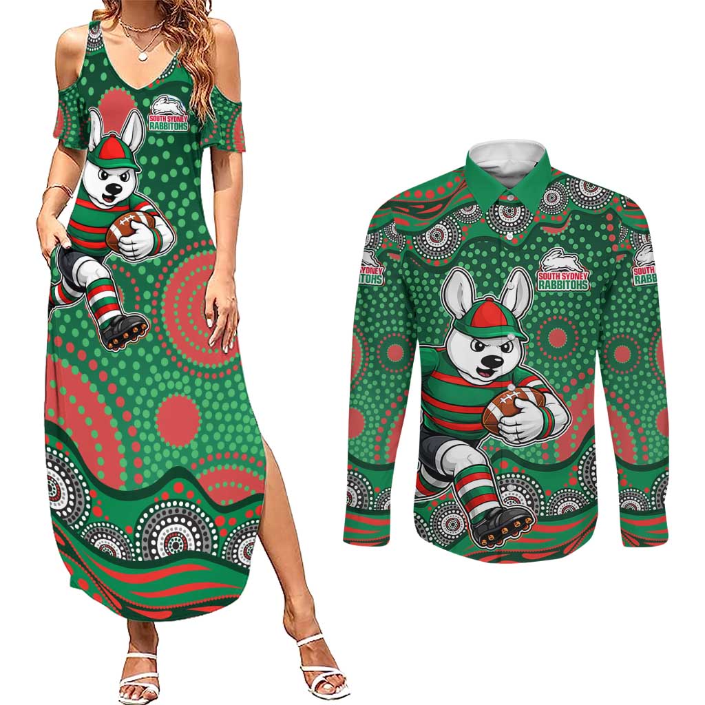 South Sydney Rabbitohs Couples Matching Summer Maxi Dress and Long Sleeve Button Shirt Aboriginal Dot Pattern - Rugby Mascot Heritage Pride