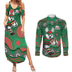 South Sydney Rabbitohs Couples Matching Summer Maxi Dress and Long Sleeve Button Shirt Aboriginal Dot Pattern - Rugby Mascot Heritage Pride