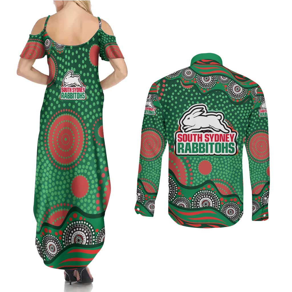 South Sydney Rabbitohs Couples Matching Summer Maxi Dress and Long Sleeve Button Shirt Aboriginal Dot Pattern - Rugby Mascot Heritage Pride