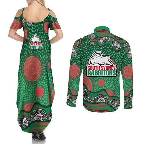 South Sydney Rabbitohs Couples Matching Summer Maxi Dress and Long Sleeve Button Shirt Aboriginal Dot Pattern - Rugby Mascot Heritage Pride