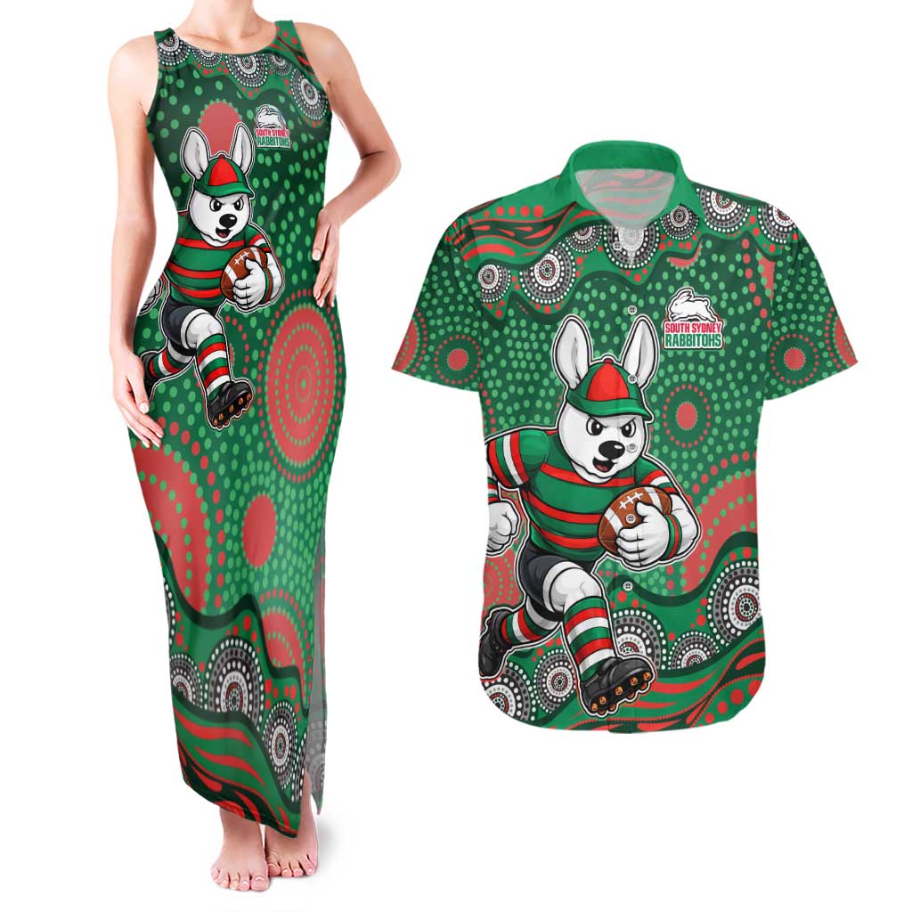 South Sydney Rabbitohs Couples Matching Tank Maxi Dress and Hawaiian Shirt Aboriginal Dot Pattern - Rugby Mascot Heritage Pride
