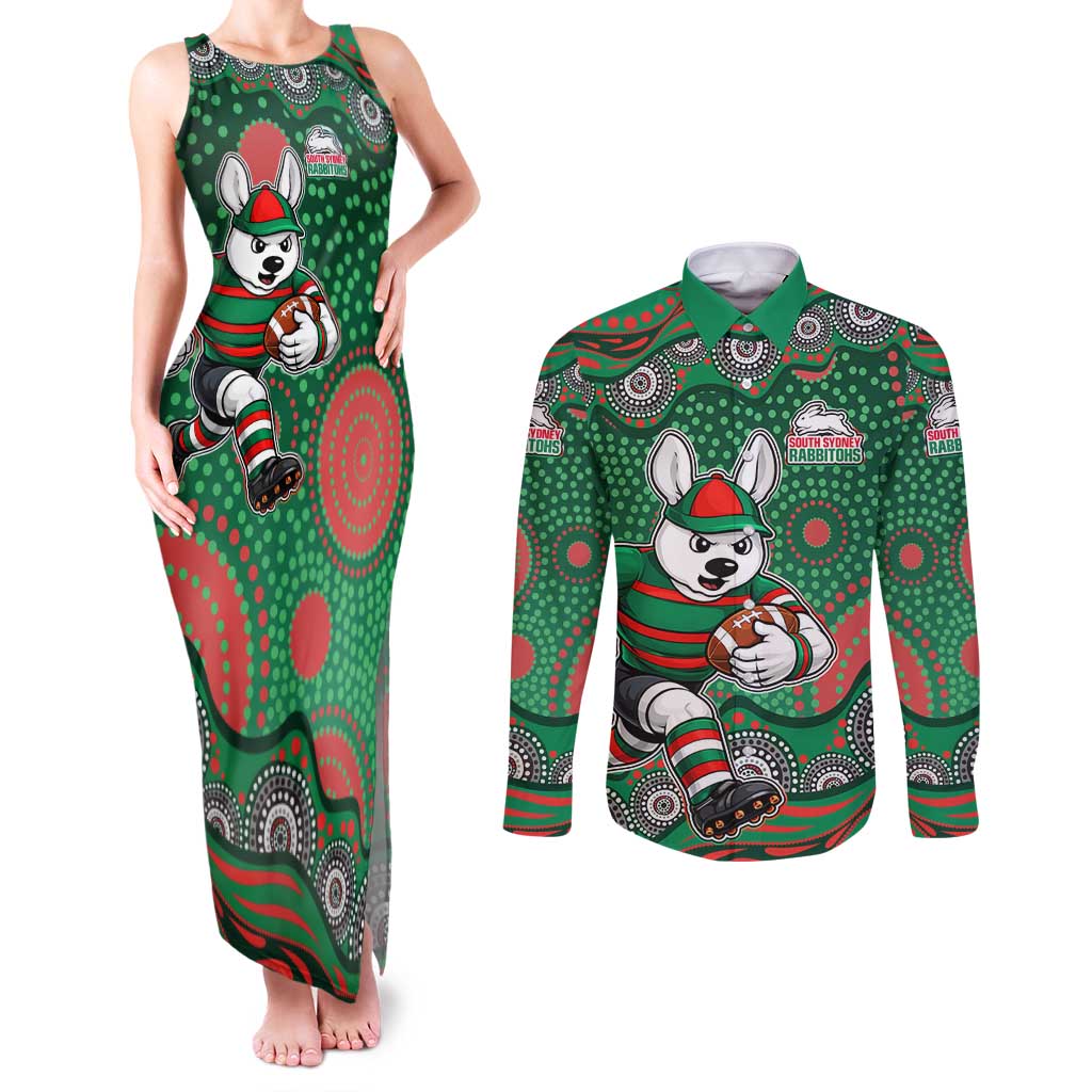 South Sydney Rabbitohs Couples Matching Tank Maxi Dress and Long Sleeve Button Shirt Aboriginal Dot Pattern - Rugby Mascot Heritage Pride