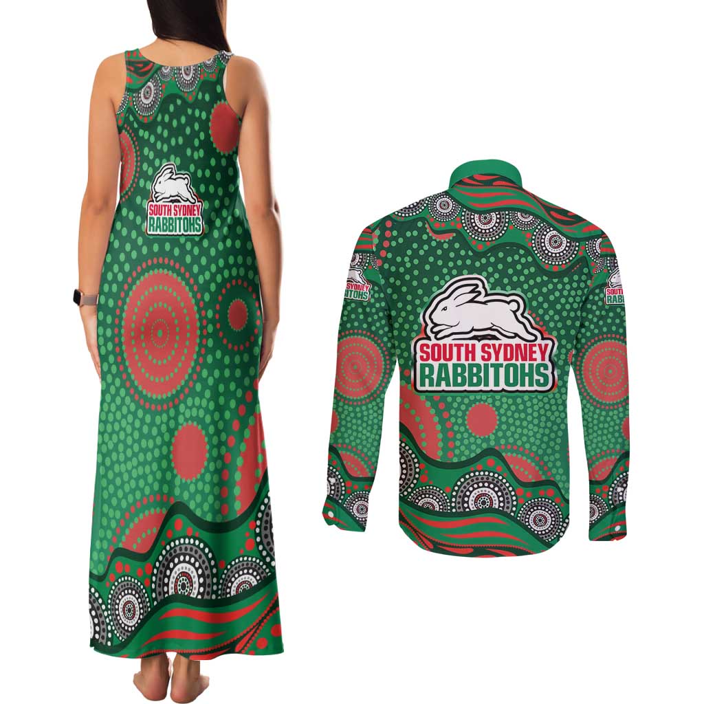 South Sydney Rabbitohs Couples Matching Tank Maxi Dress and Long Sleeve Button Shirt Aboriginal Dot Pattern - Rugby Mascot Heritage Pride