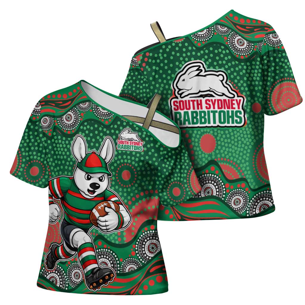 South Sydney Rabbitohs Cross Shoulder Shirt Aboriginal Dot Pattern - Rugby Mascot Heritage Pride