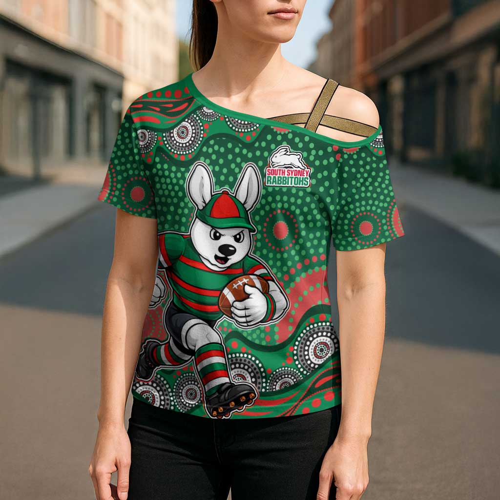 South Sydney Rabbitohs Cross Shoulder Shirt Aboriginal Dot Pattern - Rugby Mascot Heritage Pride