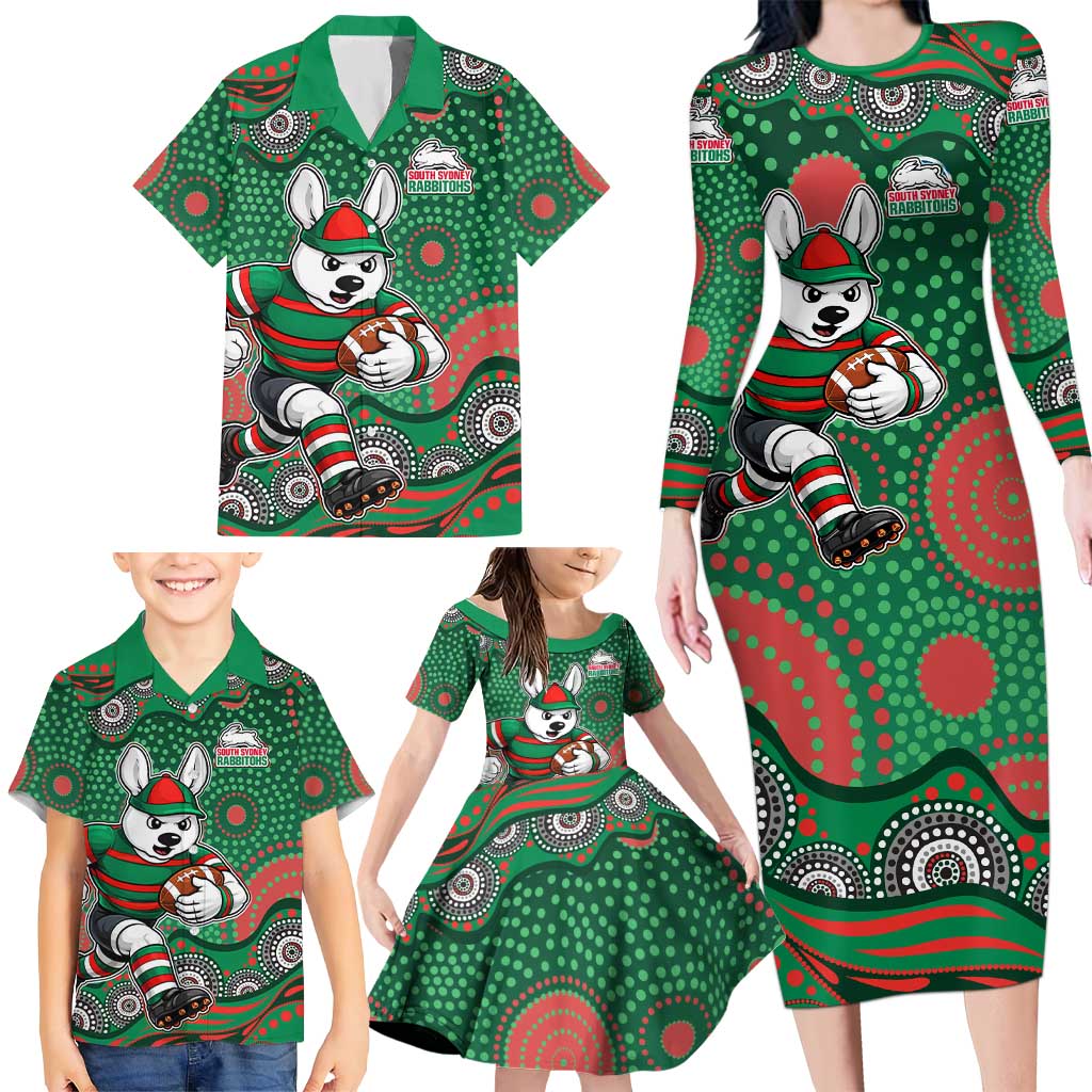 South Sydney Rabbitohs Family Matching Long Sleeve Bodycon Dress and Hawaiian Shirt Aboriginal Dot Pattern - Rugby Mascot Heritage Pride