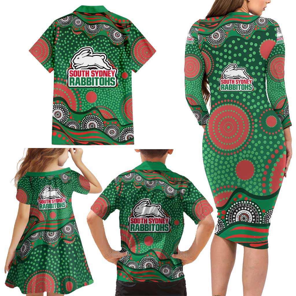 South Sydney Rabbitohs Family Matching Long Sleeve Bodycon Dress and Hawaiian Shirt Aboriginal Dot Pattern - Rugby Mascot Heritage Pride