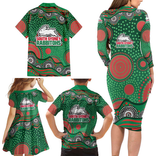South Sydney Rabbitohs Family Matching Long Sleeve Bodycon Dress and Hawaiian Shirt Aboriginal Dot Pattern - Rugby Mascot Heritage Pride