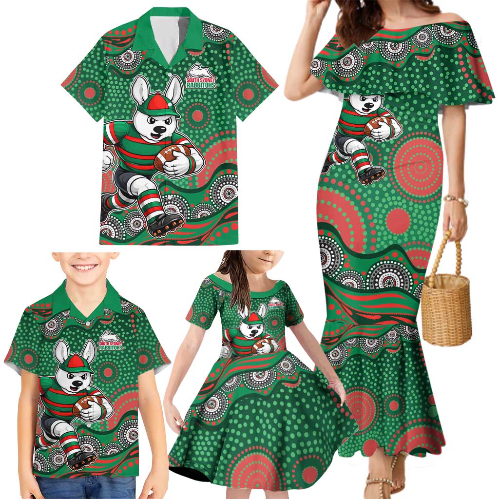 South Sydney Rabbitohs Family Matching Mermaid Dress and Hawaiian Shirt Aboriginal Dot Pattern - Rugby Mascot Heritage Pride