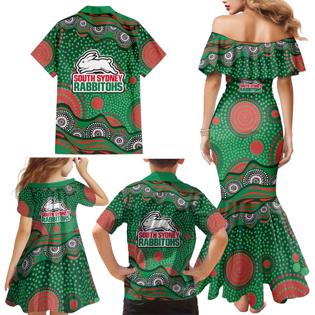 South Sydney Rabbitohs Family Matching Mermaid Dress and Hawaiian Shirt Aboriginal Dot Pattern - Rugby Mascot Heritage Pride