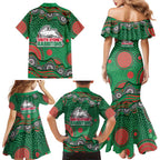 South Sydney Rabbitohs Family Matching Mermaid Dress and Hawaiian Shirt Aboriginal Dot Pattern - Rugby Mascot Heritage Pride
