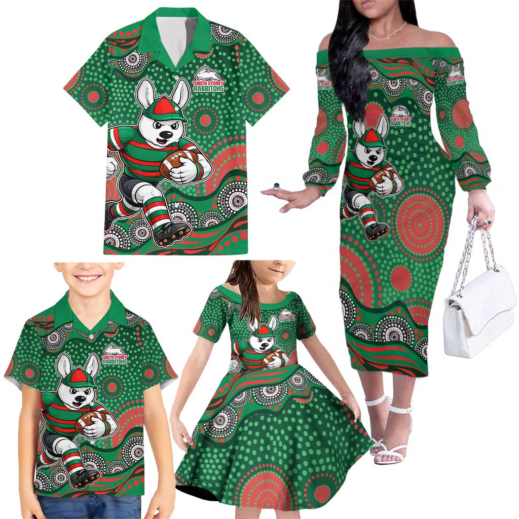 South Sydney Rabbitohs Family Matching Off The Shoulder Long Sleeve Dress and Hawaiian Shirt Aboriginal Dot Pattern - Rugby Mascot Heritage Pride