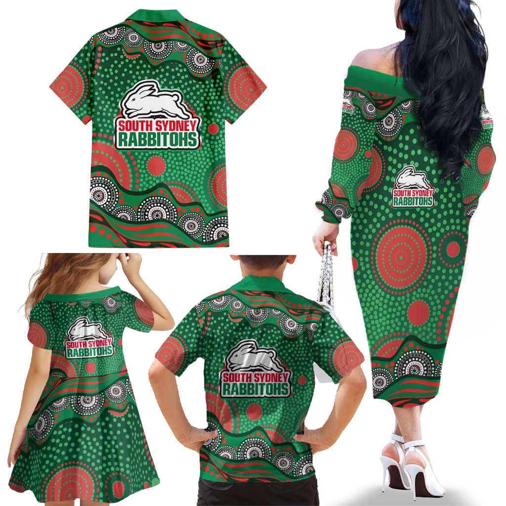 South Sydney Rabbitohs Family Matching Off The Shoulder Long Sleeve Dress and Hawaiian Shirt Aboriginal Dot Pattern - Rugby Mascot Heritage Pride