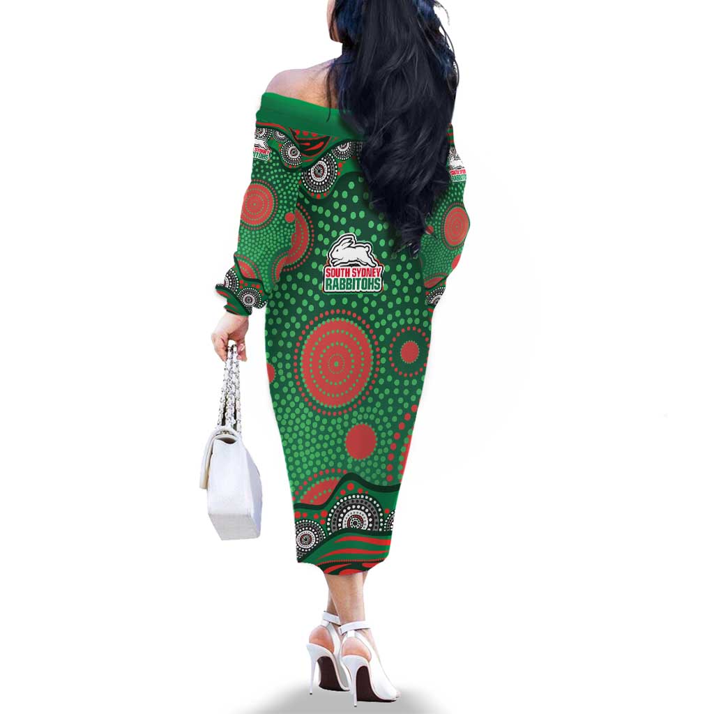 South Sydney Rabbitohs Family Matching Off The Shoulder Long Sleeve Dress and Hawaiian Shirt Aboriginal Dot Pattern - Rugby Mascot Heritage Pride