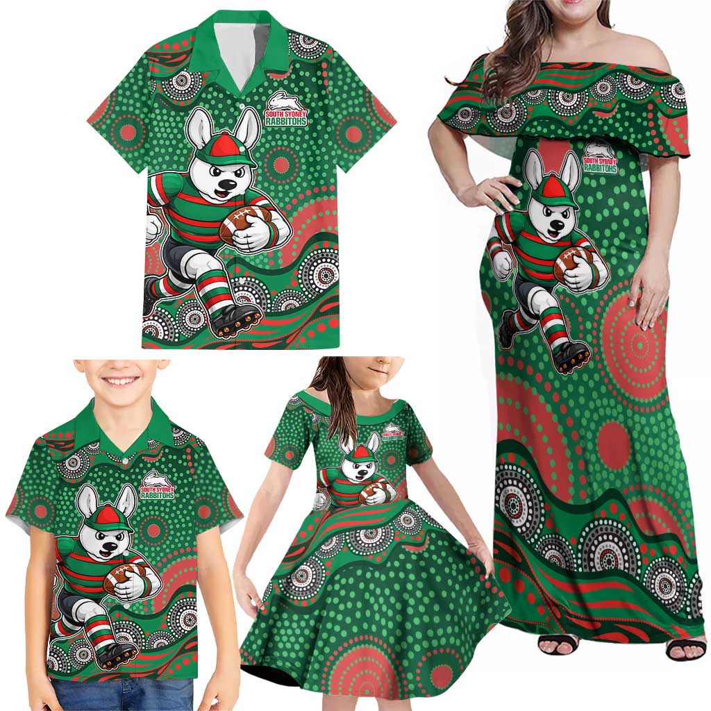 South Sydney Rabbitohs Family Matching Off Shoulder Maxi Dress and Hawaiian Shirt Aboriginal Dot Pattern - Rugby Mascot Heritage Pride