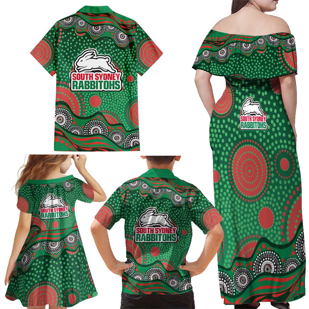 South Sydney Rabbitohs Family Matching Off Shoulder Maxi Dress and Hawaiian Shirt Aboriginal Dot Pattern - Rugby Mascot Heritage Pride