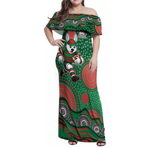 South Sydney Rabbitohs Family Matching Off Shoulder Maxi Dress and Hawaiian Shirt Aboriginal Dot Pattern - Rugby Mascot Heritage Pride