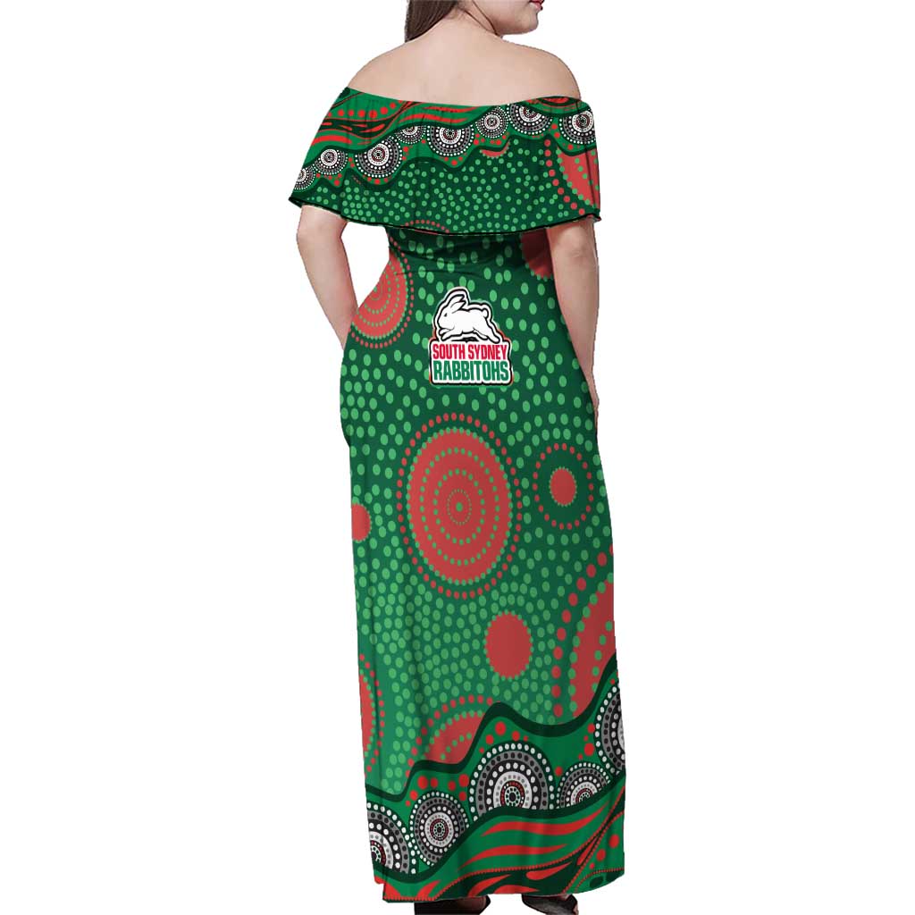 South Sydney Rabbitohs Family Matching Off Shoulder Maxi Dress and Hawaiian Shirt Aboriginal Dot Pattern - Rugby Mascot Heritage Pride
