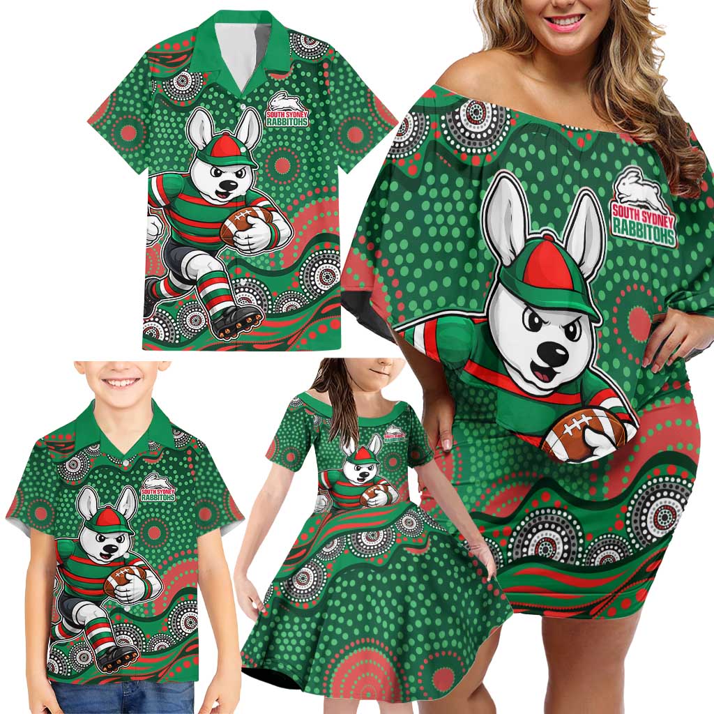 South Sydney Rabbitohs Family Matching Off Shoulder Short Dress and Hawaiian Shirt Aboriginal Dot Pattern - Rugby Mascot Heritage Pride