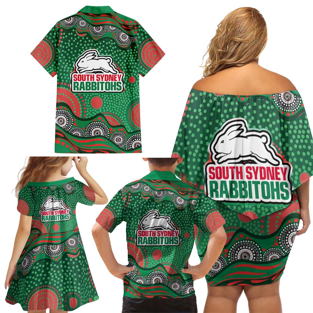 South Sydney Rabbitohs Family Matching Off Shoulder Short Dress and Hawaiian Shirt Aboriginal Dot Pattern - Rugby Mascot Heritage Pride