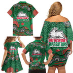 South Sydney Rabbitohs Family Matching Off Shoulder Short Dress and Hawaiian Shirt Aboriginal Dot Pattern - Rugby Mascot Heritage Pride